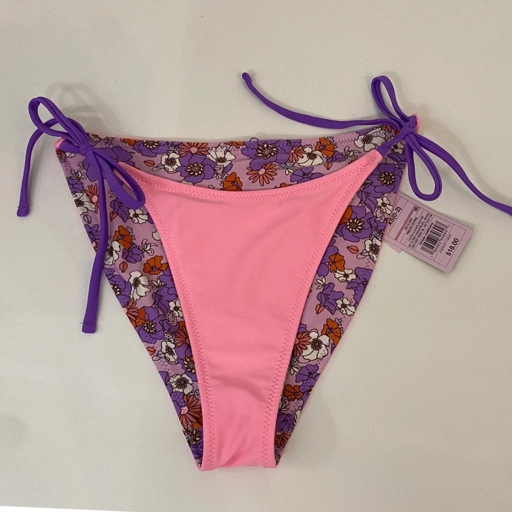 Wild Fable Reversible Floral Bikini Set XS Purple Pink Triangle Top Tie Bottoms